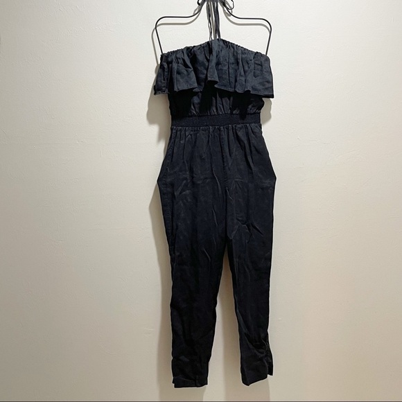 J CREW Women’s Black Linen Ruffle Romper Halter Full Length Elastic Waist XXXS - Picture 2 of 10